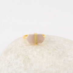 Pink Chalcedony Ring - Solid Silver - Gold Plated Ring - 8x16mm Flat Hexagon Stone - Artisan Jewelry - Jewelry for Womens - Gift For Writer