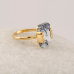 Dendritic Agate Gemstone Ring, 9x14mm Rectangle Gemstone Ring, Solid 925 Sterling Silver Ring, 18k Gold Plated Ring, Gifts For Her