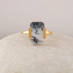 Dendritic Agate Gemstone Ring, 9x14mm Rectangle Gemstone Ring, Solid 925 Sterling Silver Ring, 18k Gold Plated Ring, Gifts For Her