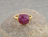 Ruby Ring, Ruby 10mm Cushion Shape Faceted Gemstone Silver Ring, 18k Gold Plated Ruby Ring, 925 Sterling Silver Bezel Ring, Gemstone Jewelry