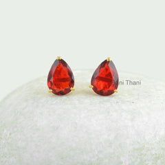 Garnet Quartz Earrings - Pear Gemstone Stud - Gold Plated Earring - 925 Silver Jewelry - Handmade Earring - Gift for Womens - Boho Jewelry