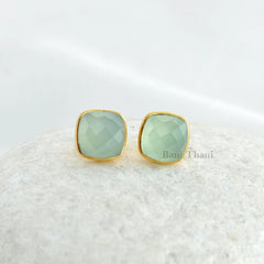 Aqua Chalcedony Stud Earrings - Solid Silver - Gold Plated Studs - 9mm Cushion - High Quality Jewelry - Gift For Niece - Jewelry For Girls