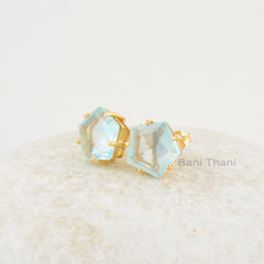 Aqua Quartz Studs 11x11mm Star Shape Gemstone Earrings, Aqua Quartz Gold Plated Silver Prong Set Studs Jewelry, Engagement Gift For Her
