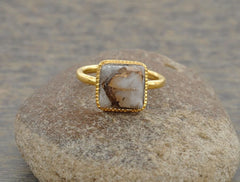 Copper White Calcite Square 10mm Micron Gold Plated 925 Sterling Silver Bezel Ring, Twisted Designer Ring For Her, Gift For Valentines Day