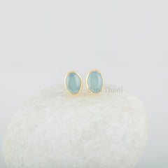 Aqua Chalcedony Stud 925 Pure Silver Gold Plated Handmade Earrings - 10x12 mm Oval - Casual Studs - Gift For Women - Handcrafted Masterpiece