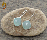 Diamond Cut Gemstone Earrings, Aqua Chalcedony 12mm Cushion Bezel Earrings, 925 Sterling Silver Earrings, Hook Earrings, Delicate Earrings