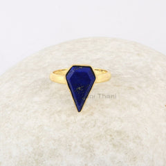 Elegant Lapis Lazuli 9x14mm Diamond Shape Gemstone Ring, Gold Plated Lapis Lazuli Ring, Anniversary Gift for Her, Handmade Silver Bezel Ring