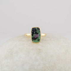 Ruby Zoisite Ring - Gold Plated - Pure Silver - Handmade Ring - Artisan Jewelry - Wedding Jewelry - Gift for Women - Cushion Flat Gemstone