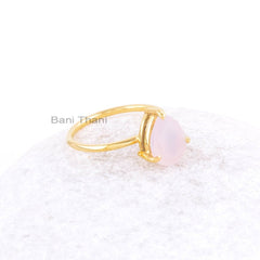 Chalcedony Ring, Pink Chalcedony 8x10mm Pear Gemstone Ring, 925 Sterling Silver Gold Plated Prong Set Ring, Anniversary Gift Ring For Her
