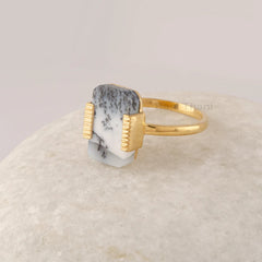 Dendritic Agate Gemstone Ring, 9x14mm Rectangle Gemstone Ring, Solid 925 Sterling Silver Ring, 18k Gold Plated Ring, Gifts For Her