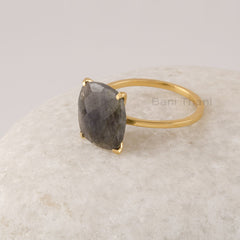 Labradorite Ring, 12mm Cushion Gemstone 925 Sterling Silver Gold Plated Ring, Minimalist Ring For Women, Statement Rings
