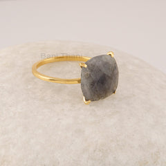 Labradorite Ring, 12mm Cushion Gemstone 925 Sterling Silver Gold Plated Ring, Minimalist Ring For Women, Statement Rings