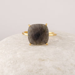 Labradorite Ring, 12mm Cushion Gemstone 925 Sterling Silver Gold Plated Ring, Minimalist Ring For Women, Statement Rings