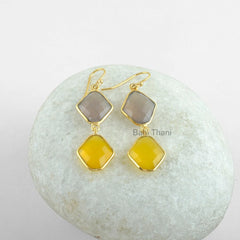 Chalcedony 13x15mm Fancy Shape Gemstone Earrings, Micron Gold Plated 925 Sterling Silver Dangle Earrings, Bezel Drop Earrings, Hook Earrings
