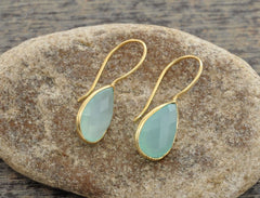 Chalcedony Earring, Aqua Chalcedony Faceted Pear 10x15mm Gold Dangle Earrings, 925 Sterling Silver Earrings, 18k Gold Plated Dangle Earrings