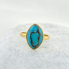 Gemstone Ring, Silver Ring, Copper Blue Turquoise Marquise 9x14mm Micron Gold Plated 925 Sterling Silver Bezel Ring For Birthday