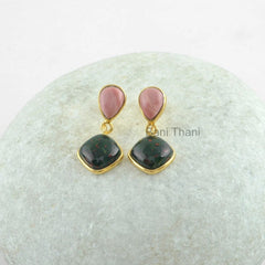 Genuine Bloodstone and Pink Opal Gemstone Earrings, Micron Gold Plated 925 Sterling Silver Dangle Earrings, Christmas Gift Earrings