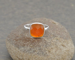 Fanta Orange Chalcedony Ring - 10mm Cushion Gemstone Ring - 925 Sterling Silver Ring - Gift For Her - Womens Gift Ring - Birthday Gift Ring