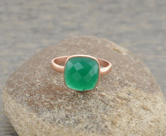 Green Onyx Ring - Gold Plated Ring - 925 Solid Silver - 10mm Cushion - Party Jewelry - Gift For Niece - Jewelry For Girls