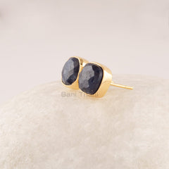 Natural Sapphire Stud Earrings - 925 Sterling Silver - Gold Plated - Natural Gemstone Earrings - Cushion Shape Stone Jewelry