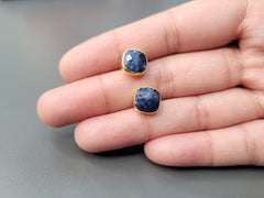 Natural Sapphire Stud Earrings - 925 Sterling Silver - Gold Plated - Natural Gemstone Earrings - Cushion Shape Stone Jewelry