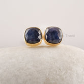 Natural Sapphire Stud Earrings - 925 Sterling Silver - Gold Plated - Natural Gemstone Earrings - Cushion Shape Stone Jewelry