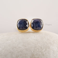Natural Sapphire Stud Earrings - 925 Sterling Silver - Gold Plated - Natural Gemstone Earrings - Cushion Shape Stone Jewelry