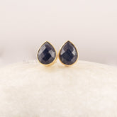 Natural Sapphire Stud Earrings - Sterling Silver - Gold Plated - Pear Shape Blue Gemstone - Birthstone Earrings - Sapphire Stud for Women