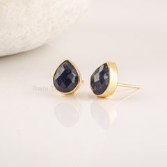 Natural Sapphire Stud Earrings - Sterling Silver - Gold Plated - Pear Shape Blue Gemstone - Birthstone Earrings - Sapphire Stud for Women