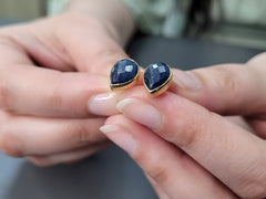 Natural Sapphire Stud Earrings - Sterling Silver - Gold Plated - Pear Shape Blue Gemstone - Birthstone Earrings - Sapphire Stud for Women
