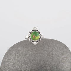 Green Copper Turquoise Ring, 3mm Round Pearl, 10mm Round Turquoise Ring, 925 Solid Sterling Silver Ring, Cabochon Gemstone Ring For Gift