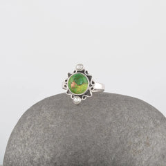 Green Copper Turquoise Ring, 3mm Round Pearl, 10mm Round Turquoise Ring, 925 Solid Sterling Silver Ring, Cabochon Gemstone Ring For Gift