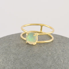 Ethiopian Opal Ring, Natural Gemstone 7mm Round October Birthstone Ring, 18k Gold Plated 925 Silver Ring, Dainty Minimalist Ring