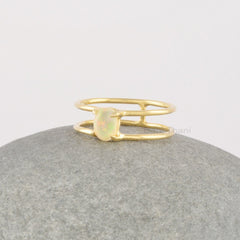 Ethiopian Opal Ring, Natural Gemstone 7mm Round October Birthstone Ring, 18k Gold Plated 925 Silver Ring, Dainty Minimalist Ring