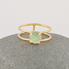 Ethiopian Opal Ring, Natural Gemstone 7mm Round October Birthstone Ring, 18k Gold Plated 925 Silver Ring, Dainty Minimalist Ring