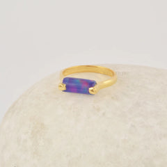 Purple Opal Ring, 5x11mm Long Rounded Shape Gemstone Ring, Handmade 18k Gold Plated Unisex Ring, 925 Sterling Silver Jewelry