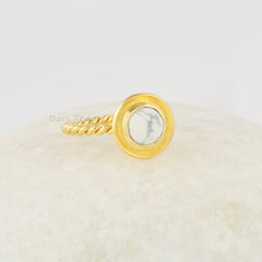 Howlite Ring, Twisted Sterling Silver Ring, 6mm Round Gemstone Ring, 18k Gold Plated Ring, White Stone Ring, Handmade Silver Women Gift Ring