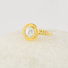 Howlite Ring, Twisted Sterling Silver Ring, 6mm Round Gemstone Ring, 18k Gold Plated Ring, White Stone Ring, Handmade Silver Women Gift Ring