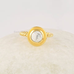 Howlite Ring, Twisted Sterling Silver Ring, 6mm Round Gemstone Ring, 18k Gold Plated Ring, White Stone Ring, Handmade Silver Women Gift Ring