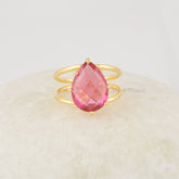 Pink Tourmaline Ring, 14x9mm Teardrop Shape Gemstone Ring, Handmade 925 Sterling Silver Double Band Ring, Dainty Women Rings