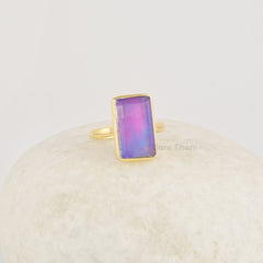 Purple Rectangle Ring, Aurora Opal Ring, Gemstone Solid Silver Ring, 18k Gold Plated Silver Ring, Huge Ring For Women Ring, Handcrafted Ring