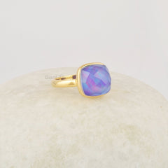 Multi Color Opal Ring, Aurora Opal Cushion Cut Ring, 10mm Gemstone Sterling Silver 925 Ring, Handcrafted Gold Plated Ring, Purple Stone Ring