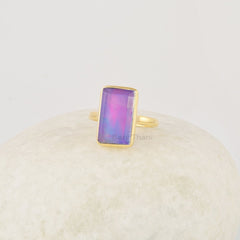 Purple Rectangle Ring, Aurora Opal Ring, Gemstone Solid Silver Ring, 18k Gold Plated Silver Ring, Huge Ring For Women Ring, Handcrafted Ring
