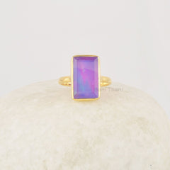 Purple Rectangle Ring, Aurora Opal Ring, Gemstone Solid Silver Ring, 18k Gold Plated Silver Ring, Huge Ring For Women Ring, Handcrafted Ring