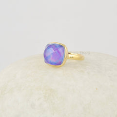 Multi Color Opal Ring, Aurora Opal Cushion Cut Ring, 10mm Gemstone Sterling Silver 925 Ring, Handcrafted Gold Plated Ring, Purple Stone Ring