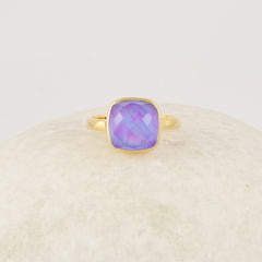 Multi Color Opal Ring, Aurora Opal Cushion Cut Ring, 10mm Gemstone Sterling Silver 925 Ring, Handcrafted Gold Plated Ring, Purple Stone Ring