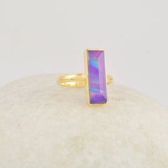 Purple Opal Ring, Aurora 6x18mm Rectangular Gemstone Silver Ring, Handcrafted 18k Gold Plated silver 925 Ring, Purple Gemstone Ring For Mom