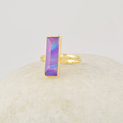 Purple Opal Ring, Aurora 6x18mm Rectangular Gemstone Silver Ring, Handcrafted 18k Gold Plated silver 925 Ring, Purple Gemstone Ring For Mom