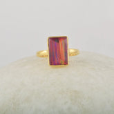 Red Opal Ring, Aurora Opal Ring, 8x12mm Rectangular pyramid Gemstone Solid Silver Ring For Women, 18k Gold Plated Silver Ring, Gift For Her