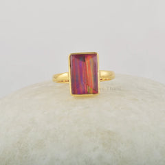 Red Opal Ring, Aurora Opal Ring, 8x12mm Rectangular pyramid Gemstone Solid Silver Ring For Women, 18k Gold Plated Silver Ring, Gift For Her